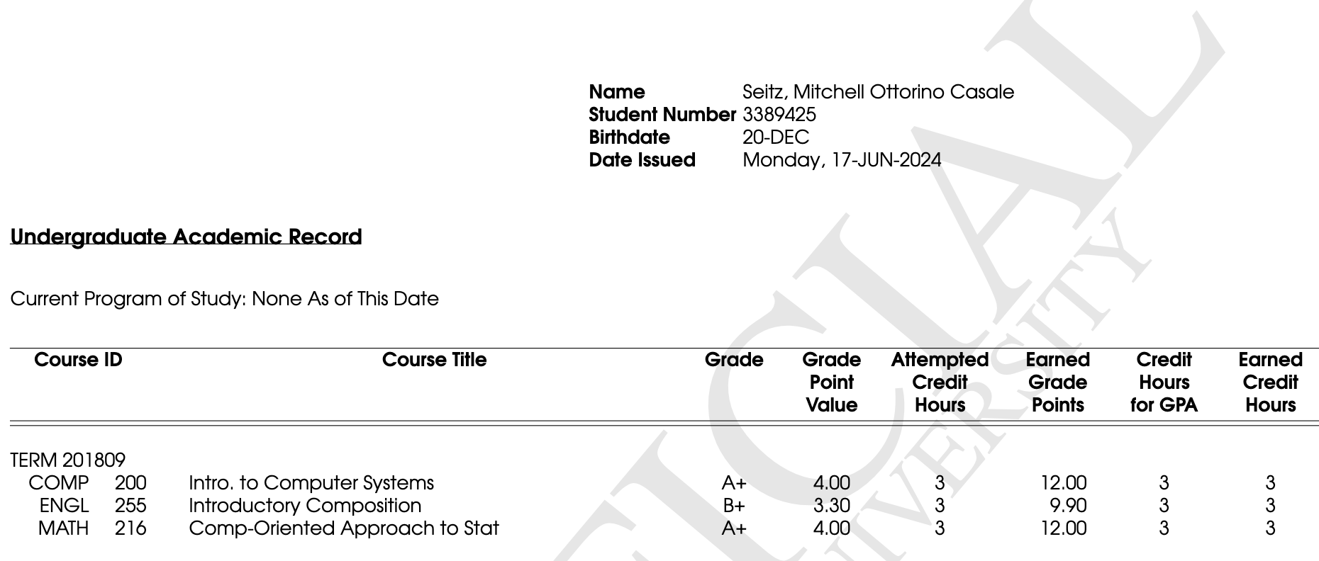 My grades from my first semester at AU.