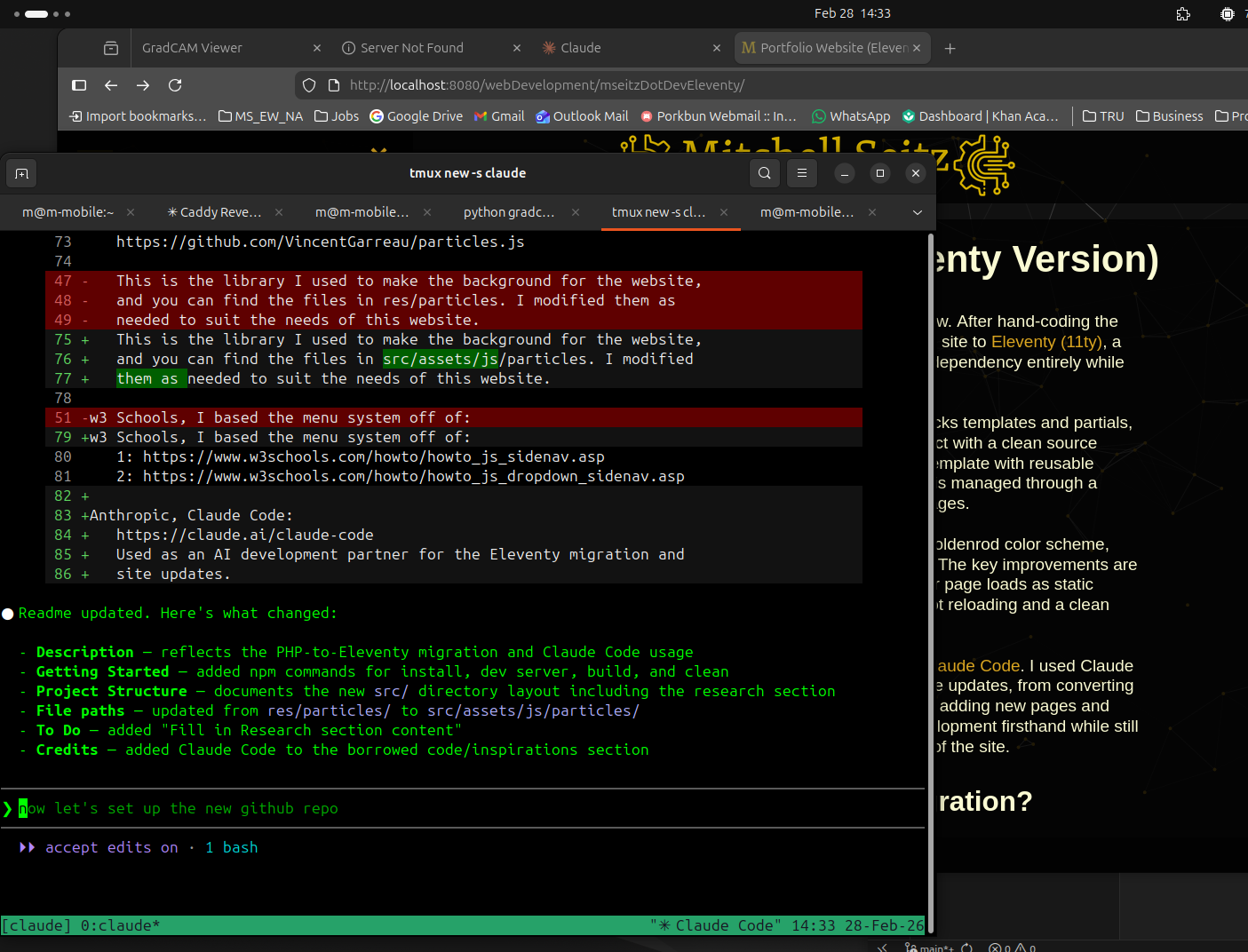 Screenshot of the Eleventy version of this portfolio being built with Claude Code.